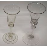 Two 18th century style drinking glasses, one with bell shaped bowl, one funnel bowl with small