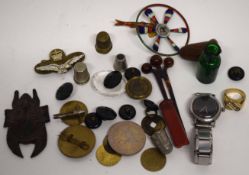 Tray containing various items including silver and metal thimbles