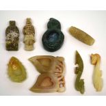 Group of small Chinese jade items and a stone carving of a rabbit and a jade type brush washer, (8)