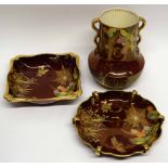 Group of Carlton ware Rouge Royale comprising two dishes and a vase decorated in typical fashion