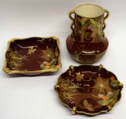 Group of Carlton ware Rouge Royale comprising two dishes and a vase decorated in typical fashion