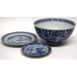 Chinese porcelain blue and white bowl decorated in Ming style and two small Chinese blue and white