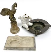 Unusual plated Hukin & Heath ashtray with porcelain frog mount with glass eyes, together with (3)