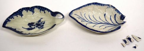 Liverpool porcelain pickle dish on three stud feet, together with a pottery example (handle a/f) (