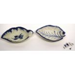 Liverpool porcelain pickle dish on three stud feet, together with a pottery example (handle a/f) (