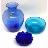 Murano blue dish with Finnish label and a large blue Navo vase of ribbed shape, with further blue