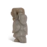 Chinese green jade carving of an Oriental with cat on his shoulder, 8cm high