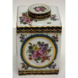 Worcester style tea caddy, probably by Samson, with the four sides painted with landscape panels and