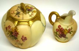 Royal Worcester jar and cover, the lobed blush ground body decorated with floral sprays, together