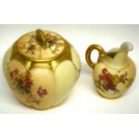 Royal Worcester jar and cover, the lobed blush ground body decorated with floral sprays, together