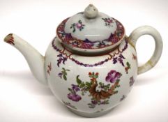 Lowestoft porcelain tea pot decorated in Curtis style with a cornucopia design and floral sprays,