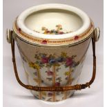 Large pail with insert, decorated with floral sprays and bamboo handle, 28cm high