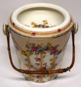 Large pail with insert, decorated with floral sprays and bamboo handle, 28cm high