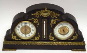 Early 20th century oak cased clock and barometer with thermometer to centre and gilt surround