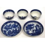 Group of Worcester tea bowls and saucers with disguised numeral marks to base comprising three tea