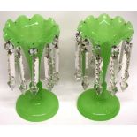 Pair of green ground table lustres, 27cm high (2)