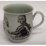 18th century Worcester small mug, black printed with the King of Prussia, with grooved handle, 7cm