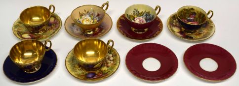 Group of Aynsley cups and saucers decorated prints of flowers and fruit, (6 cups and 8 saucers)