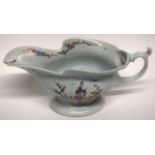 Large pedestal footed Worcester sauce boat, circa 1755, the sides decorated with chinoiserie