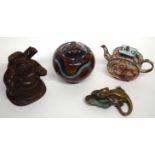 Box containing an enamel type tea pot, brass model of a lizard and a cloisonne bowl and cover, and a