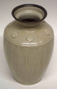 Unusual Chinese pottery vase with a floral motif and metal rim, 18cm high