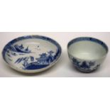 Lowestoft porcelain tea bowl and saucer, circa 1780, with a blue and white design of pagodas, the