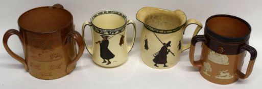 Group of four Doulton jugs comprising a Harvestware tyg with typical designs, together with a