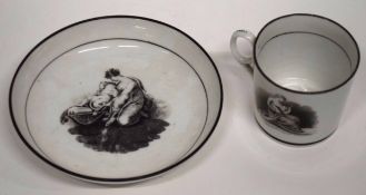 Early 18th century coffee can and saucer, probably Newhall with an Adam Buck style print, the saucer