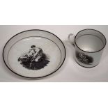 Early 18th century coffee can and saucer, probably Newhall with an Adam Buck style print, the saucer