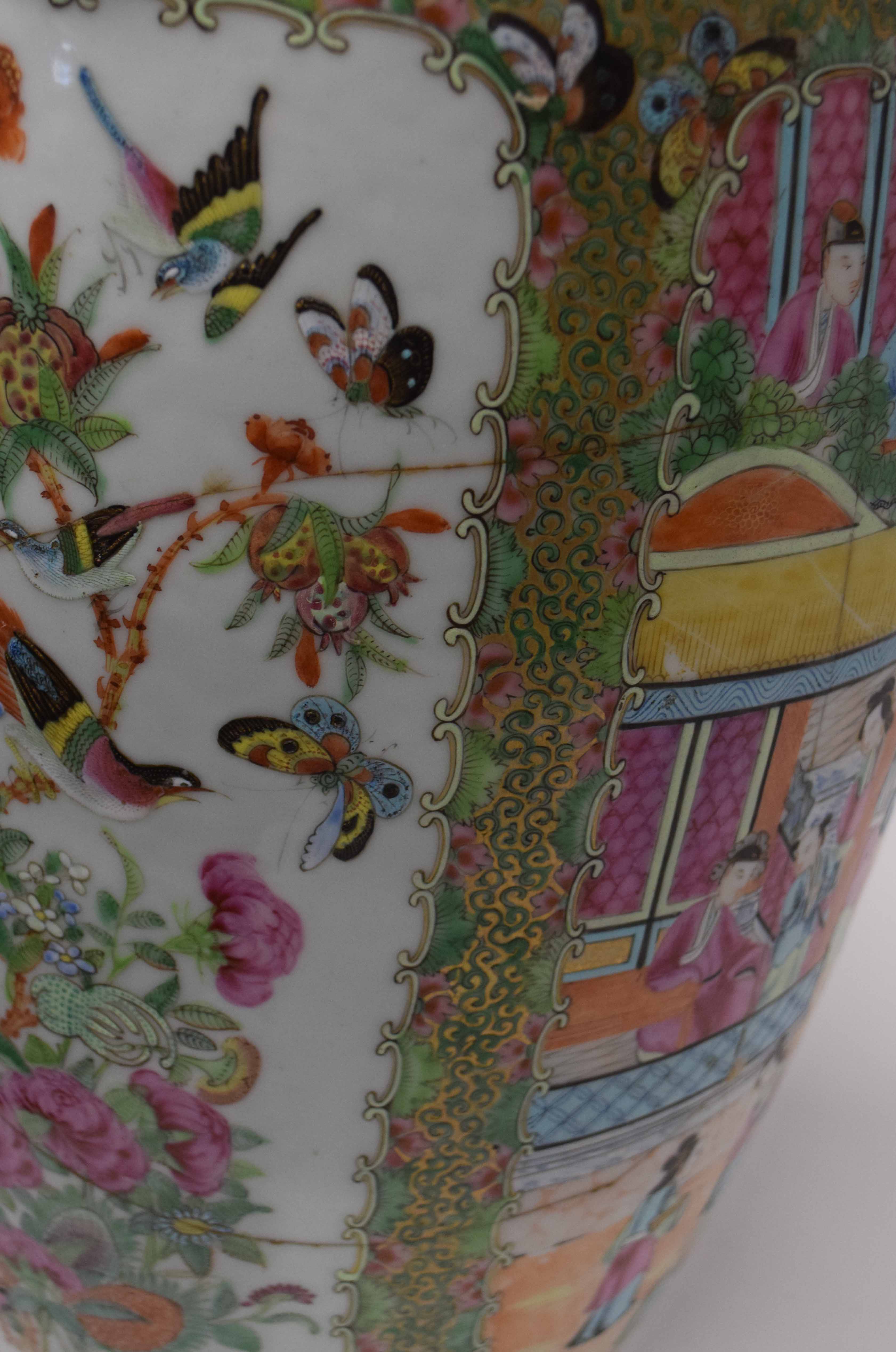 Large Cantonese porcelain floor vase decorated in famille rose with panels of Chinese figures and - Image 2 of 2