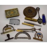 Tray containing a brass vesta case, cigarette lighter, bone handled pen knife and other items