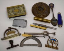 Tray containing a brass vesta case, cigarette lighter, bone handled pen knife and other items