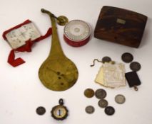 Bag containing small wooden box, brass measuring instrument, small mother of pearl red ribboned
