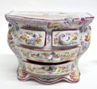 Continental pottery jewellery box, the top decorated with a couple in a landscape scene, the