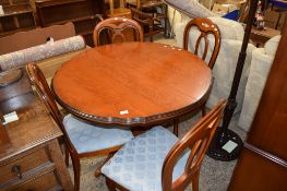 MAHOGANY EFFECT REPRODUCTION EXTENDING DINING TABLE, TOGETHER WITH FOUR MATCHING UPHOLSTERED