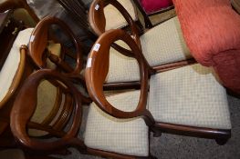 SET OF FOUR UPHOLSTERED BALLOON BACK DINING CHAIRS, HEIGHT APPROX 90CM