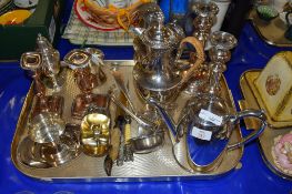 TRAY CONTAINING SILVER PLATED WARES INCLUDING COFFEE POT, HOT WATER JUG, PAIR OF CANDLESTICKS ETC