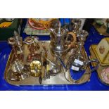 TRAY CONTAINING SILVER PLATED WARES INCLUDING COFFEE POT, HOT WATER JUG, PAIR OF CANDLESTICKS ETC