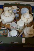 BOX CONTAINING CERAMICS INCLUDING 19TH CENTURY TEA POT, SUCRIER AND COVER