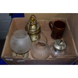BOX CONTAINING OIL LAMPS AND TWO SHADES