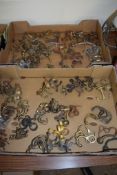 TWO BOXES OF VARIOUS BRASS COAT HOOKS AND HANGERS ETC