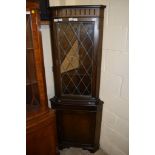 REPRODUCTION OAK LEADED GLAZED TOP FULL HEIGHT CORNER CUPBOARD, 183CM HIGH