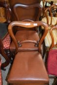 PAIR OF VICTORIAN BALLOON BACK LEATHER UPHOLSTERED DINING CHAIRS, HEIGHT APPROX 88CM