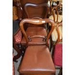 PAIR OF VICTORIAN BALLOON BACK LEATHER UPHOLSTERED DINING CHAIRS, HEIGHT APPROX 88CM