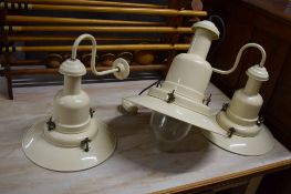 SET OF THREE REPRODUCTION METAL LIGHTS COMPRISING TWO WALL LIGHTS AND ONE SUSPENDED CEILING LIGHT,