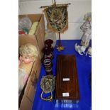WOODEN BOX WITH INLAID DESIGN TOGETHER WITH BRASS DOOR KNOCKER AND TWO CRANBERRY COLOURED GLASS