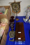 WOODEN BOX WITH INLAID DESIGN TOGETHER WITH BRASS DOOR KNOCKER AND TWO CRANBERRY COLOURED GLASS