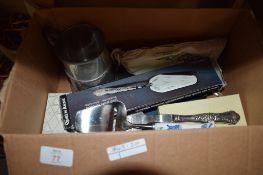 BOX CONTAINING SILVER PLATED SERVERS AND PEWTER TANKARD