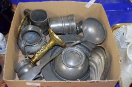 BOX OF VARIOUS PEWTER WARES ETC