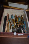 BOX CONTAINING VARIOUS CUTLERY WITH EGYPTIAN STYLE HANDLES